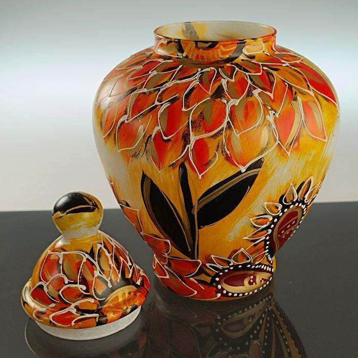 dekselvaas - Emaille, Glas - Met de hand beschilderde vaas, Antiek en Kunst, Antiek | Glas en Kristal