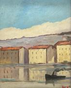 Scuola belga (XX), firmato Seungot - Case sul fiume con