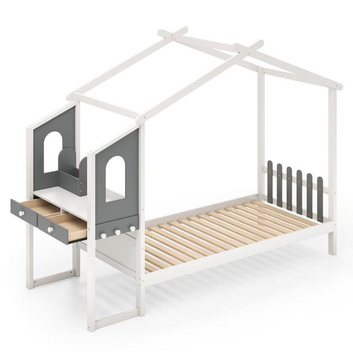 LIVSK Huisvormig Bedframe met Bureau - Massief Hout - Opberg, Kinderen en Baby's, Kinderkamer | Bedden, Nieuw, Verzenden