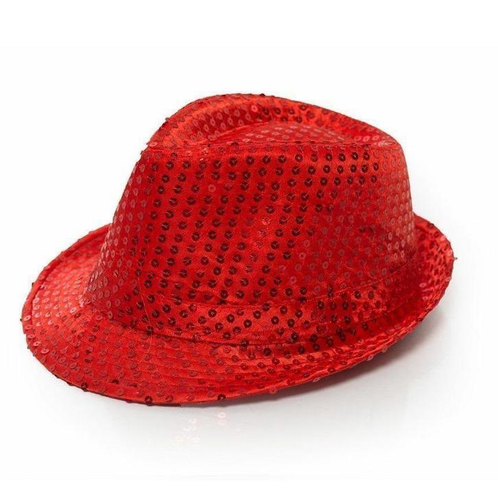 Trilby hoed met pailletten - rood - glitter - Gangsterhoeden, Hobby en Vrije tijd, Feestartikelen, Ophalen of Verzenden