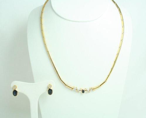 2-delige sieradenset - 18 karaat Geel goud, Witgoud Saffier, Sieraden, Tassen en Uiterlijk, Antieke sieraden