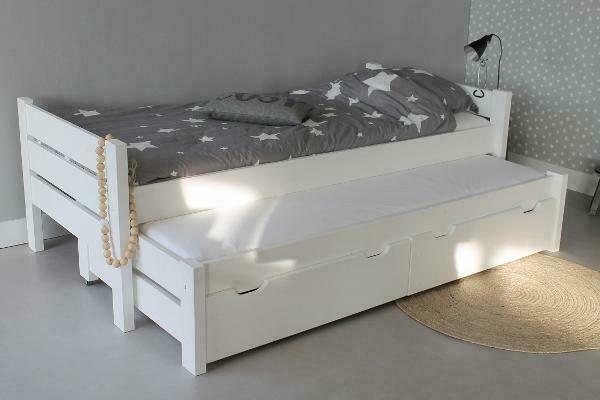 KINDERBED 90x200 bedden in wit + bodems + laden (TIP), Kinderen en Baby's, Kinderkamer | Bedden, 180 cm of meer, Nieuw, 85 tot 100 cm