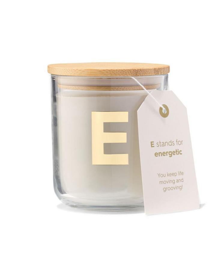 HEMA Kaars in glas Ø8x10cm letter E, Huis en Inrichting, Woonaccessoires | Kandelaars en Kaarsen, Nieuw, Verzenden