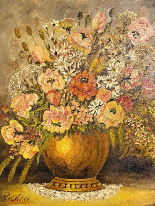 Richter (XX) - Blumenstillleben mit Vase, Antiek en Kunst, Kunst | Schilderijen | Modern