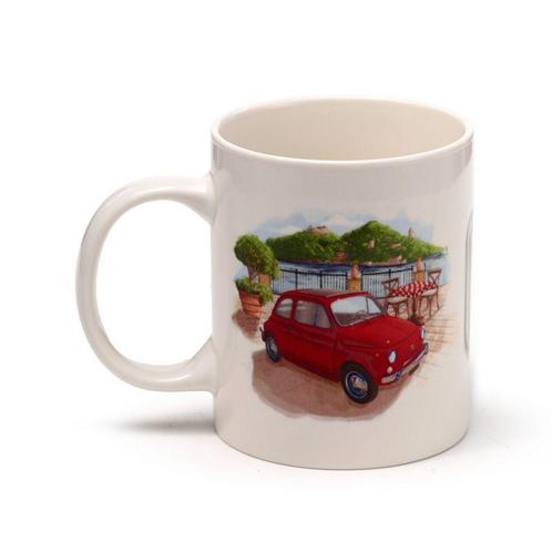 Beker/Mok - Fiat 500 Retro Rome Riviera&Colosseum - Rood/Gro, Huis en Inrichting, Keuken | Servies, Nieuw, Ophalen of Verzenden