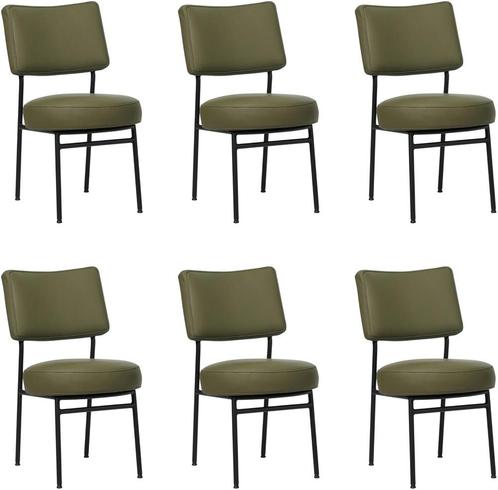 Set van 6 Olijfgroene leren moderne retro eetkamerstoelen -, Huis en Inrichting, Stoelen, Vijf, Zes of meer stoelen, Overige kleuren