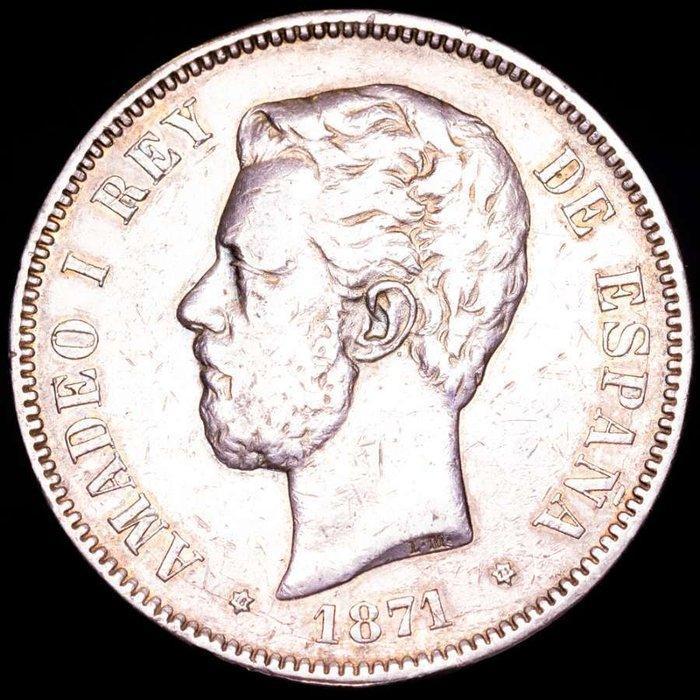 Spanje. Amadeo I. 5 Pesetas Ceca de Madrid, 1871*71. SD-M., Postzegels en Munten, Munten | Europa | Niet-Euromunten