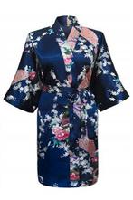 KIMU® Kimono Donkerblauw Kort S-M Yukata Satijn Boven de Kni, Nieuw, Carnaval, Ophalen of Verzenden, Maat 36 (S)