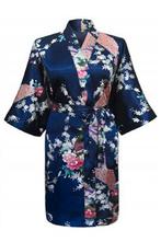 KIMU® Kimono Donkerblauw Kort S-M Yukata Satijn Boven de Kni, Ophalen of Verzenden, Nieuw, Maat 36 (S), Carnaval