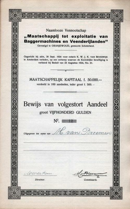 Maatschappij tot exploitate van Baggermachines en Veenderijl, Postzegels en Munten, Aandelen en Waardepapieren