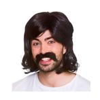 Jaren 70 pruik zwart met moustache, Verzenden, Nieuw, Feestartikel