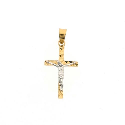 Bicolor gouden hanger van een kruis met corpus (witgoud), Sieraden, Tassen en Uiterlijk, Bedels, Gebruikt, Overige merken, Goud