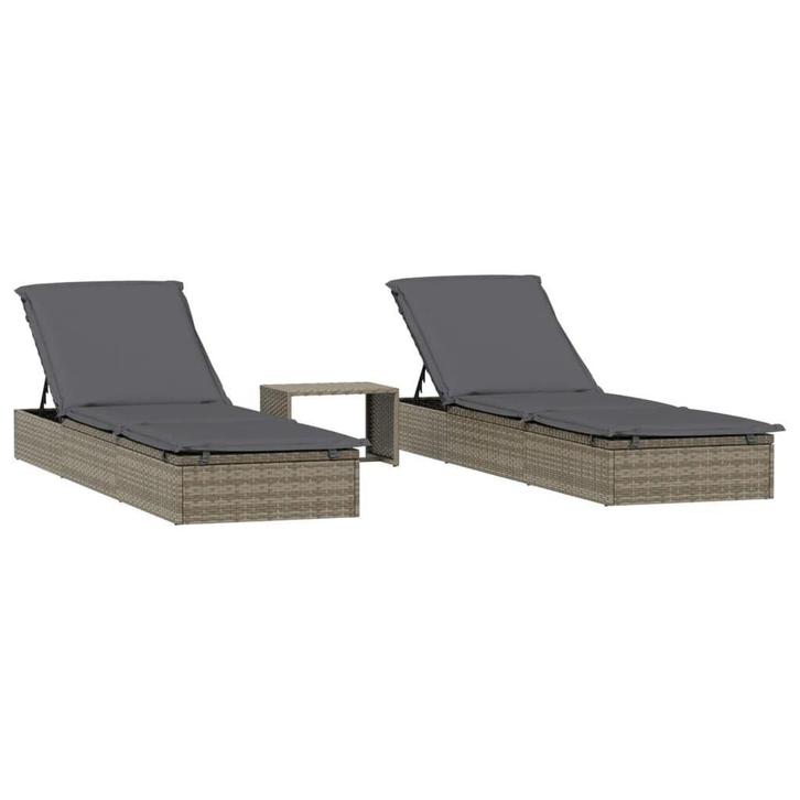 Poly Rattan Ligbedden Grijs | OP = OP | 2 st. + tafel, Tuin en Terras, Ligbedden, Verstelbaar, Nieuw, Rotan, Ophalen of Verzenden