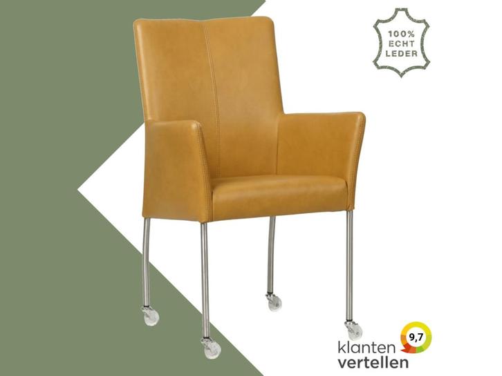 Leren eetkamerstoel Comfort met wieltjes en armleuning -, Huis en Inrichting, Stoelen, Eén, Bruin, Nieuw, Leer, Ophalen of Verzenden