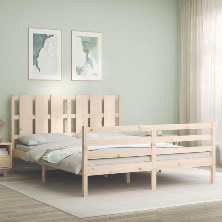 vidaXL Bedframe met hoofdbord massief hout 160x200 cm, Huis en Inrichting, Slaapkamer | Bedden, 160 cm, 200 cm, Bruin, Tweepersoons