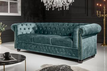 Chesterfield 3-zitsbank 205cm petrol fluweel gouden