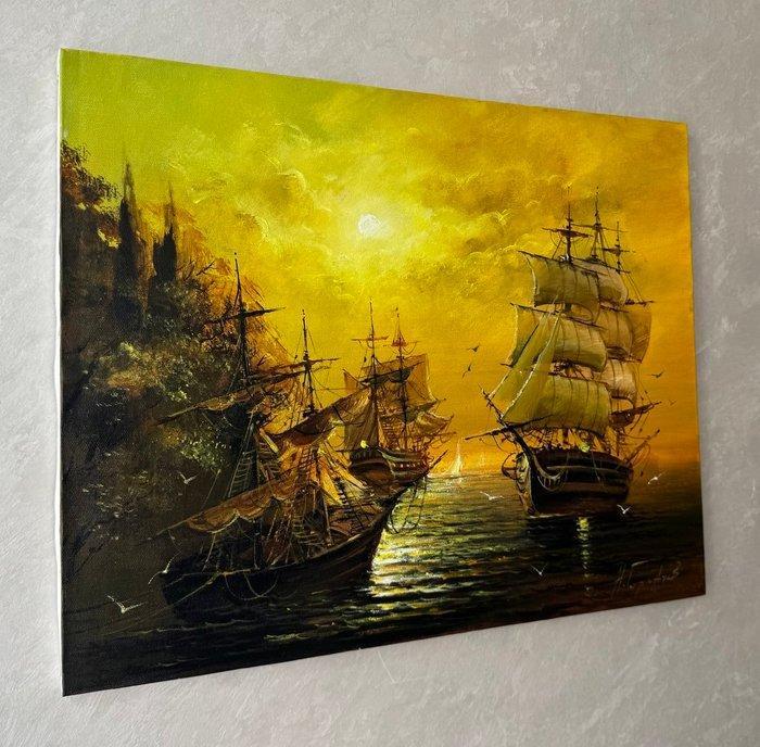 Gorbachev Nikolay (1952) - Golden hour in a port, Antiek en Kunst, Kunst | Schilderijen | Klassiek