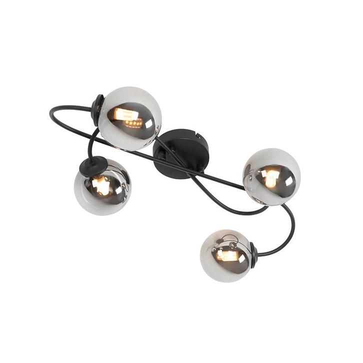 Moderne plafondlamp zwart 4-lichts met smoke glas - Athens, Huis en Inrichting, Lampen | Plafondlampen, Nieuw, Glas