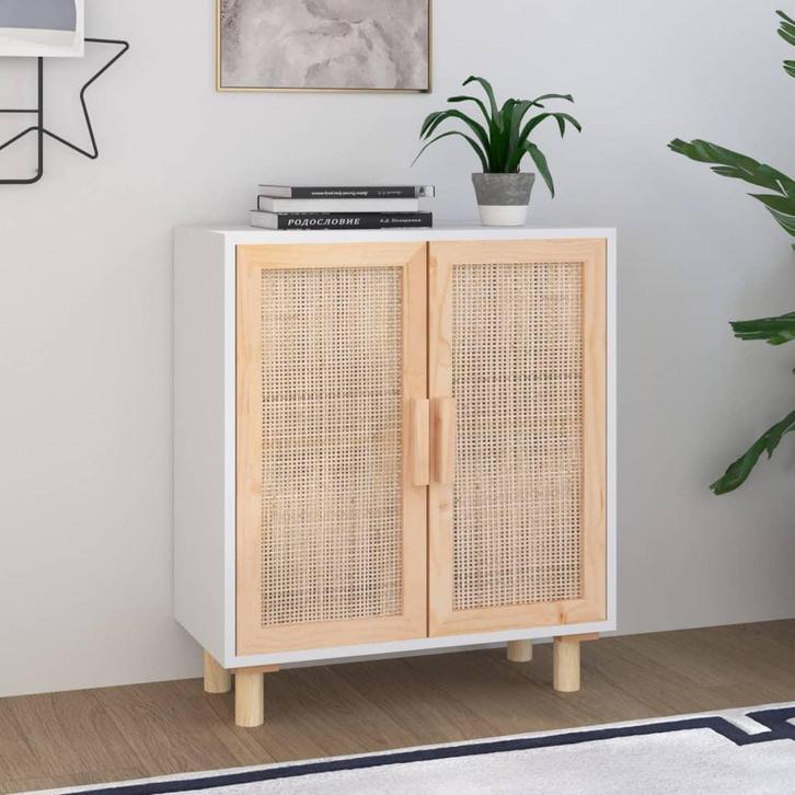 vidaXL Dressoir 60x30x70 cm massief grenenhout en rattan wit, Huis en Inrichting, Kasten | Dressoirs, 25 tot 50 cm, Nieuw, 50 tot 100 cm