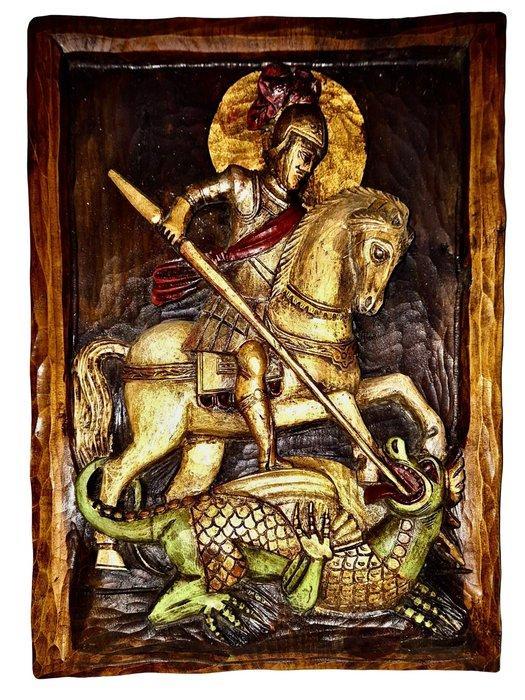 Ouro - sculptuur, Sint Joris en de draak - 39.5 cm - Hout, Antiek en Kunst, Antiek | Boeken en Bijbels