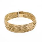 Gouden brede fantasie schakel armband | 19,5 cm, Ophalen of Verzenden, Gebruikt, Overige kleuren, Goud