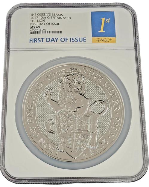 Queens Beast Lion of England 10 oz 2017 NGC Graded MS69, Postzegels en Munten, Munten | Europa | Niet-Euromunten, Losse munt, Zilver