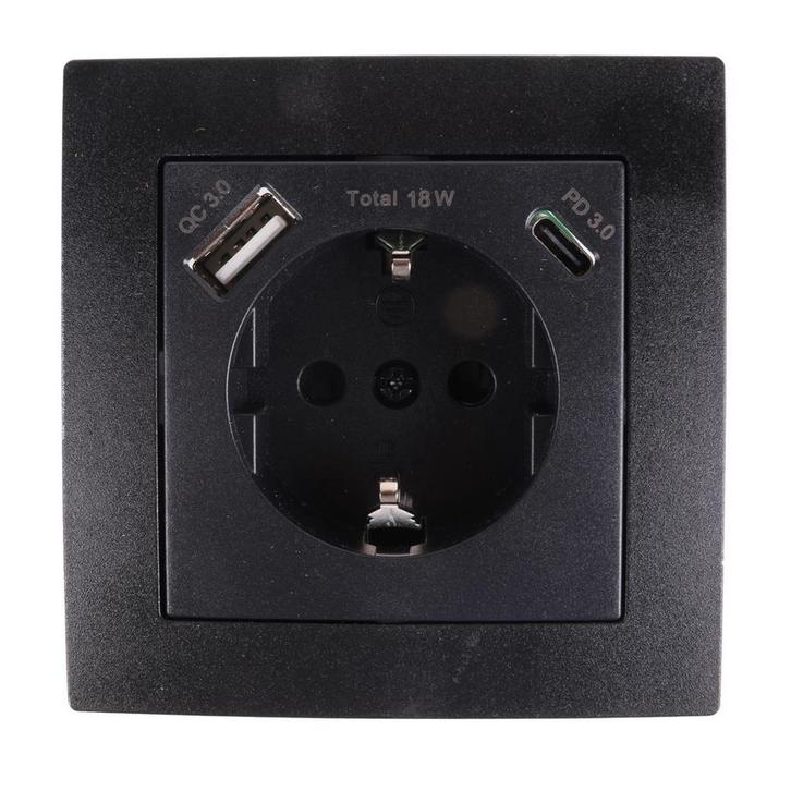 Benson Stopcontact met randaarde en USB A/C - Inbouw - Zwart, Doe-het-zelf en Verbouw, Elektra en Kabels, Nieuw, Ophalen of Verzenden