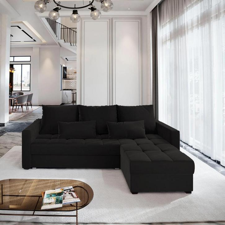 Hoekbank Kos met Opbergruimte Zwart | Universeel | €449,-, Huis en Inrichting, Banken | Bankstellen, 200 tot 250 cm, 100 tot 125 cm