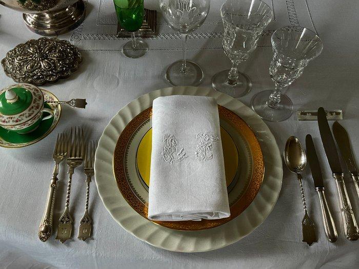 6 vroege 20e eeuw damast linnen servetten met initialen, Antiek en Kunst, Antiek | Kleden en Textiel