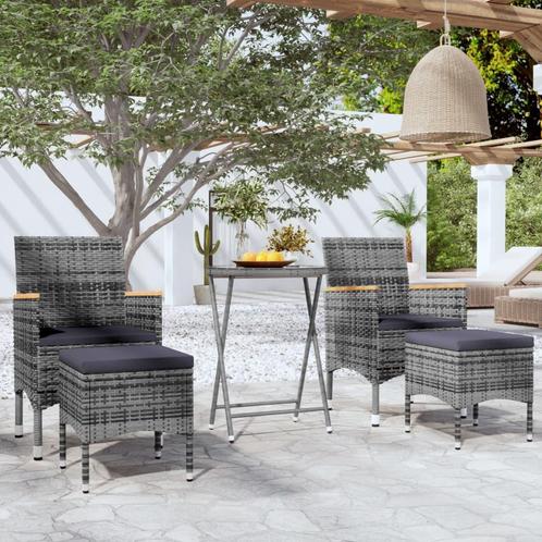 vidaXL 5-delige Bistroset poly rattan en gehard glas grijs, Tuin en Terras, Tuinsets en Loungesets, Nieuw, Rotan, Verzenden