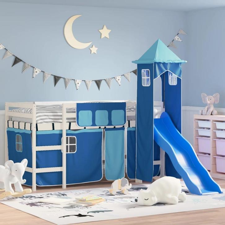 vidaXL Kinderhoogslaper met toren 80x200 cm massief, Huis en Inrichting, Slaapkamer | Bedden, 80 cm, 200 cm, Blauw, Eenpersoons