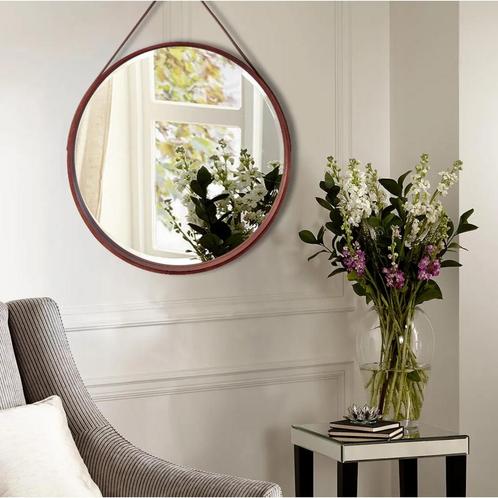 REA Ronde wandspiegel - leren band - houten frame - Ø50 c.., Doe-het-zelf en Verbouw, Sanitair, Nieuw, Ophalen of Verzenden