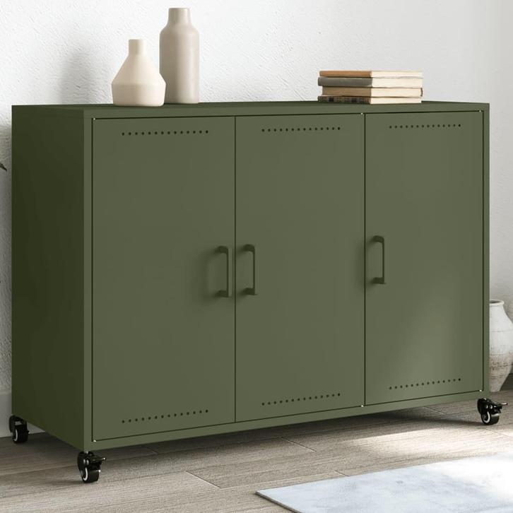 vidaXL Dressoir 100,5x39x72 cm staal olijfgroen, Huis en Inrichting, Kasten | Dressoirs, 25 tot 50 cm, Nieuw, 100 tot 150 cm, Metaal