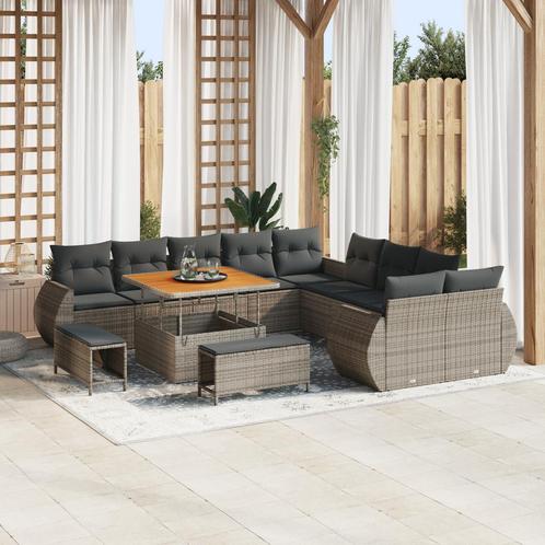 vidaXL 13-delige tuinbankset met kussens. Grijs poly riet en, Tuin en Terras, Tuinsets en Loungesets, Nieuw, Verzenden