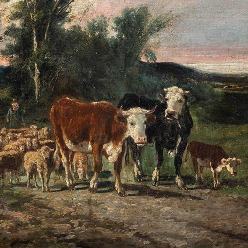 European School (late XIX) - Landscape with cows and flock, Antiek en Kunst, Kunst | Schilderijen | Klassiek