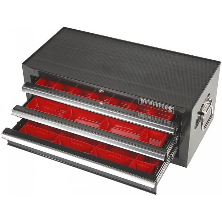 Gereedschapskist zwart 3 laden gevuld met kunststof bakken, Doe-het-zelf en Verbouw, Gereedschap | Handgereedschap, Ophalen of Verzenden