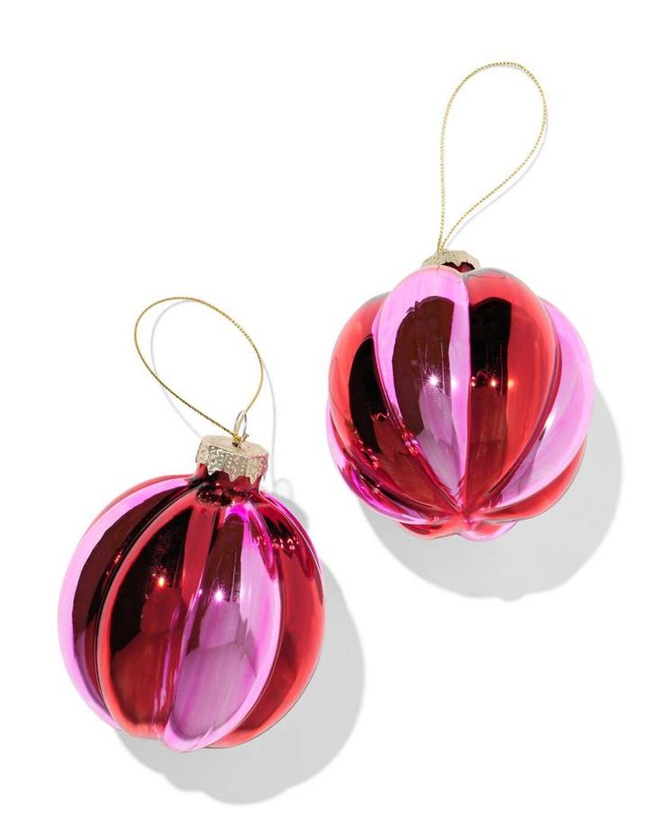 HEMA Kerstballen set 8.2cm glas strepen - 2 stuks, Diversen, Kerst, Nieuw, Verzenden