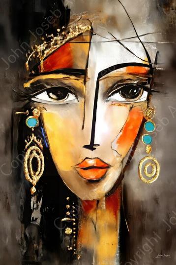 1153 - John Joseb Art - Schilderij vrouw, abstract, sieraden beschikbaar voor biedingen