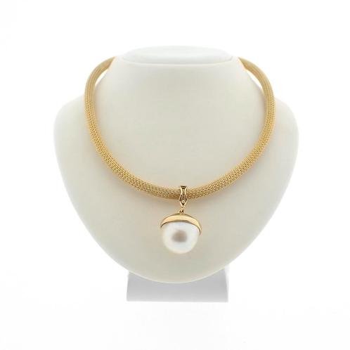 Gouden mesh collier met parel hanger | 46 cm, Sieraden, Tassen en Uiterlijk, Kettingen, Overige kleuren, Gebruikt, Met edelsteen