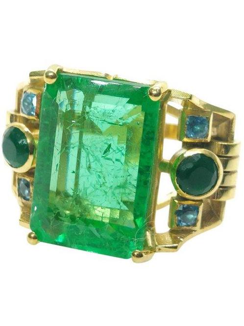 Zonder Minimumprijs - Ring - 9 kt. Geel goud, Zilver Smaragd, Sieraden, Tassen en Uiterlijk, Ringen