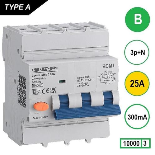 Sep aardlekautomaat 3P+N B25 300mA 10kA - RCM1, Doe-het-zelf en Verbouw, Elektra en Kabels, Ophalen of Verzenden