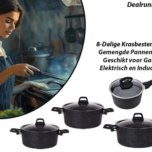 8-Delige Krasbestendig Gemengde Pannenset, Huis en Inrichting, Keuken | Potten en Pannen, Nieuw, Aluminium, Inductieplaat, Keramische plaat