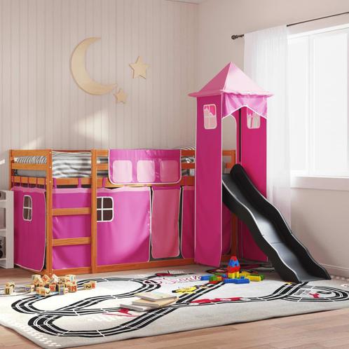 vidaXL Stapelbed met glijbaan en gordijnen roze 90x200 cm, Huis en Inrichting, Slaapkamer | Bedden, 90 cm, 200 cm, Eenpersoons