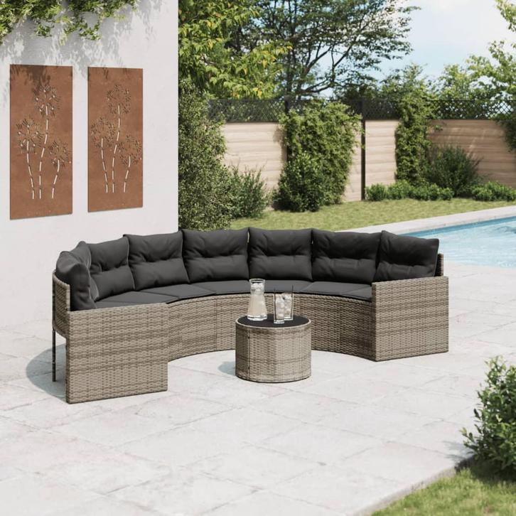 vidaXL Tuinbank met tafel en kussens halfrond poly rattan, Tuin en Terras, Tuinsets en Loungesets, Nieuw, Rotan, Verzenden