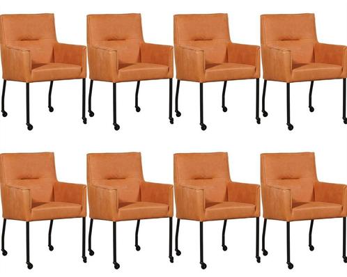 Set van 8 Oranje leren moderne eetkamerstoelen - Kenia Leer, Huis en Inrichting, Stoelen, Vijf, Zes of meer stoelen, Nieuw, Leer