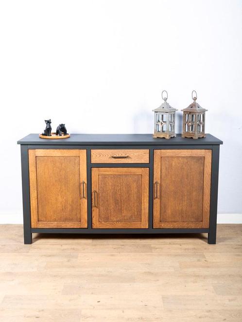 Antraciet dressoir met eikenhout | kast | Vavivo, Huis en Inrichting, Kasten | Dressoirs, 150 tot 200 cm, 50 tot 75 cm, Met lade(s)