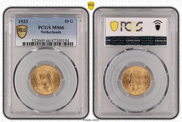 Gouden Wilhelmina 10 gulden 1933 MS66 PCGS gecertificeerd, Postzegels en Munten, Munten | Nederland, Losse munt, 10 gulden, Koningin Wilhelmina