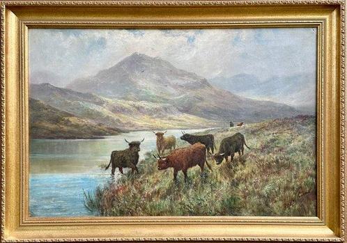 Douglas Cameron (1880-1910) - Highland Cattle Grazing, Antiek en Kunst, Kunst | Schilderijen | Klassiek