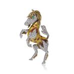 Broche Vintage diamant, email en smaragd galopperend paard, Sieraden, Tassen en Uiterlijk, Antieke sieraden