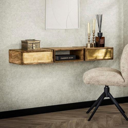 *WOONWINKEL* Zwevende Sidetable Mangohout En Goud, Huis en Inrichting, Tafels | Sidetables, Nieuw, Verzenden